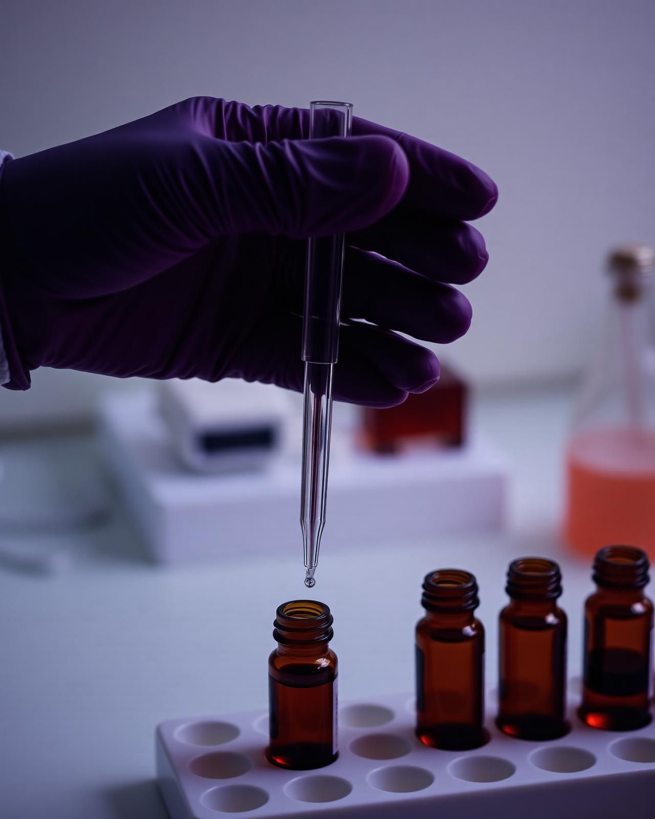 Gloved hand using pipette over amber vials