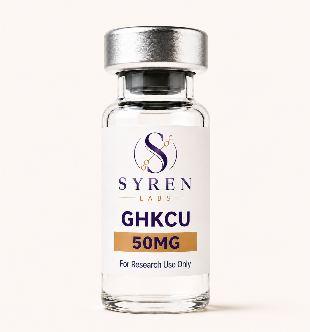 Syren Labs peptide vial on warm beige with plum shadow